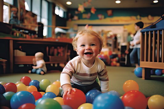 Une image générée par IA d'un enfant en crèche tenant des balles de couleur dans ses mains