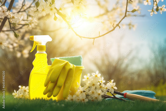 Des produits ménagers au soleil et à côté de fleurs représentant le nettoyage de printemps